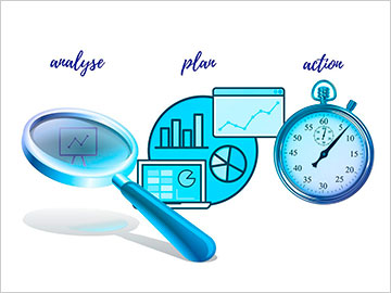 Analyse (loupe), plan (graphique), action (chronomètre)